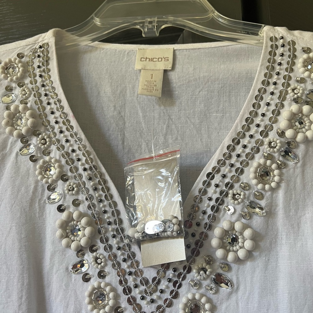Chico's White Embellished V-Neck Top - Picture 2 of 9